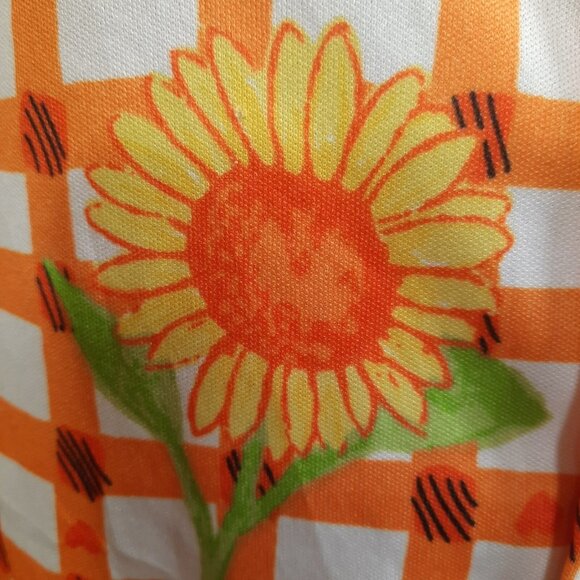 Vintage 90s Sunflower Print Button Up Blouse Orange White Check S short sleeve - Picture 5 of 9